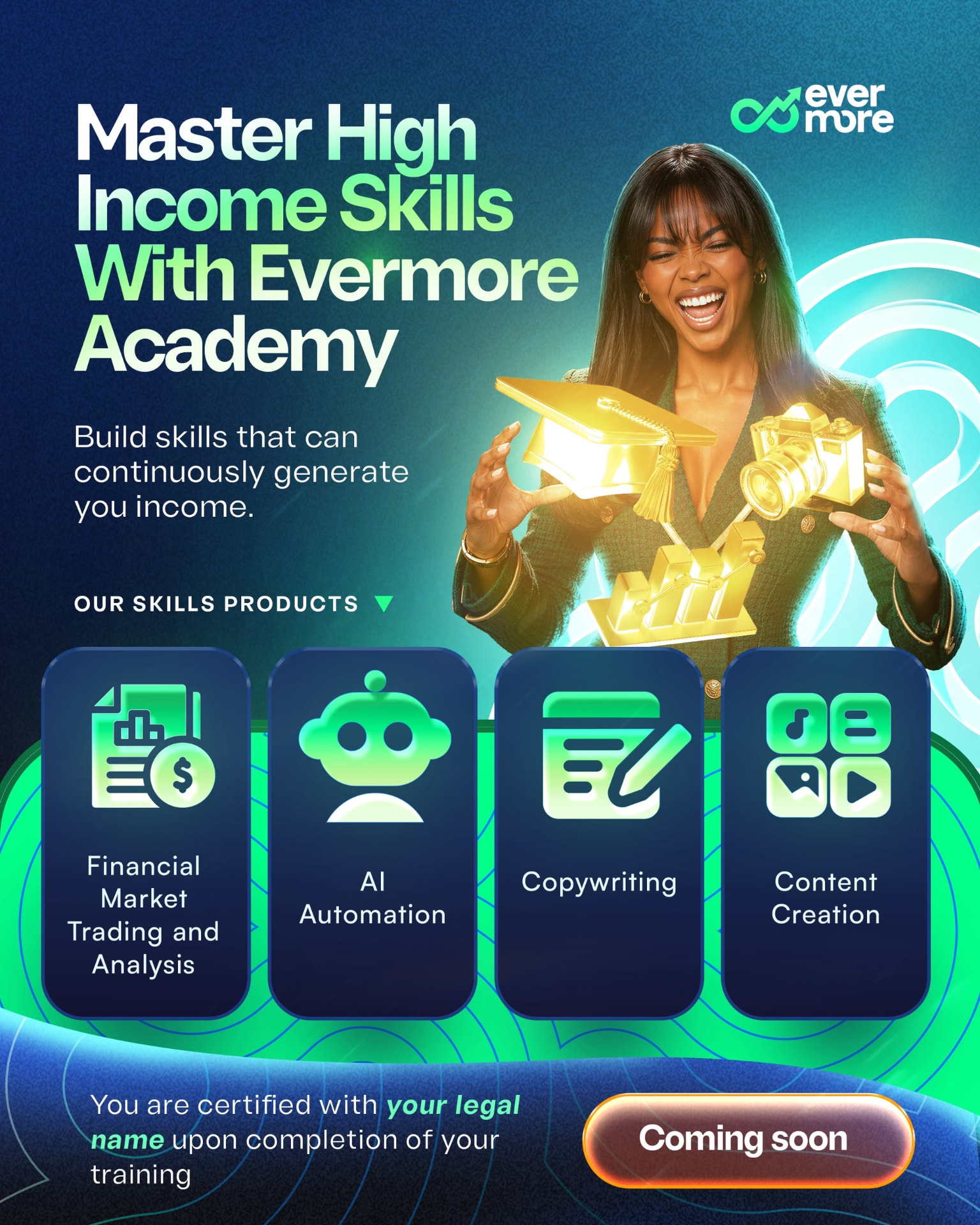 Evermore Academy flyer — Master high-income skills with courses in financial market trading, AI automation, copywriting, and content creation